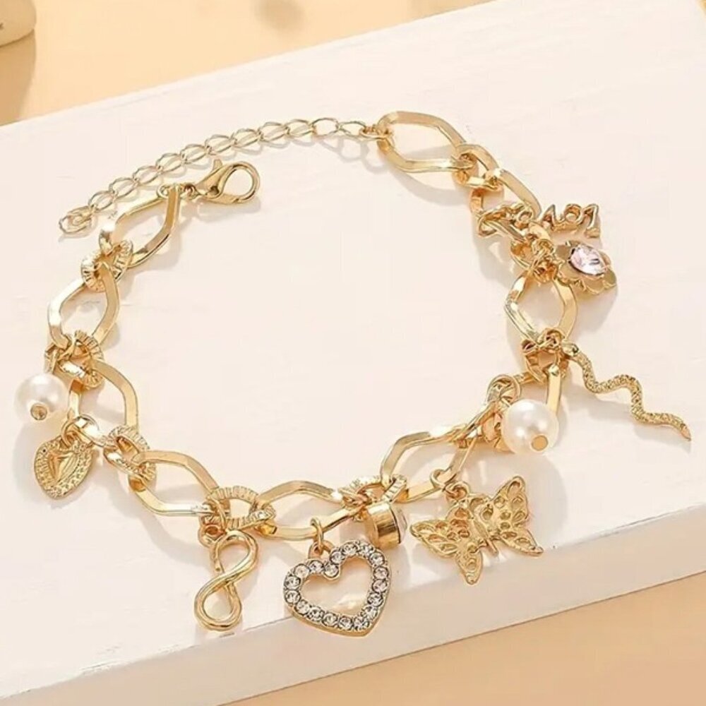 Gold Tone Charm Bracelet with Heart, Butterfly & Pearl Charms Adjustable